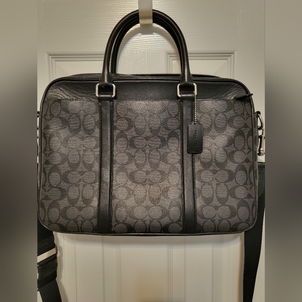 Coach Men's Perry Slim Brief Signature Canvas Zip Top Leather Bag Charcoal